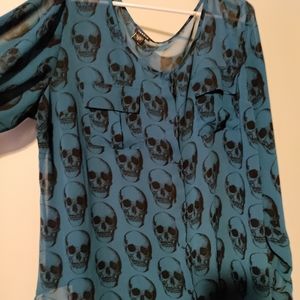 Torrid Long Sleeve Blue Sheer Skull Top